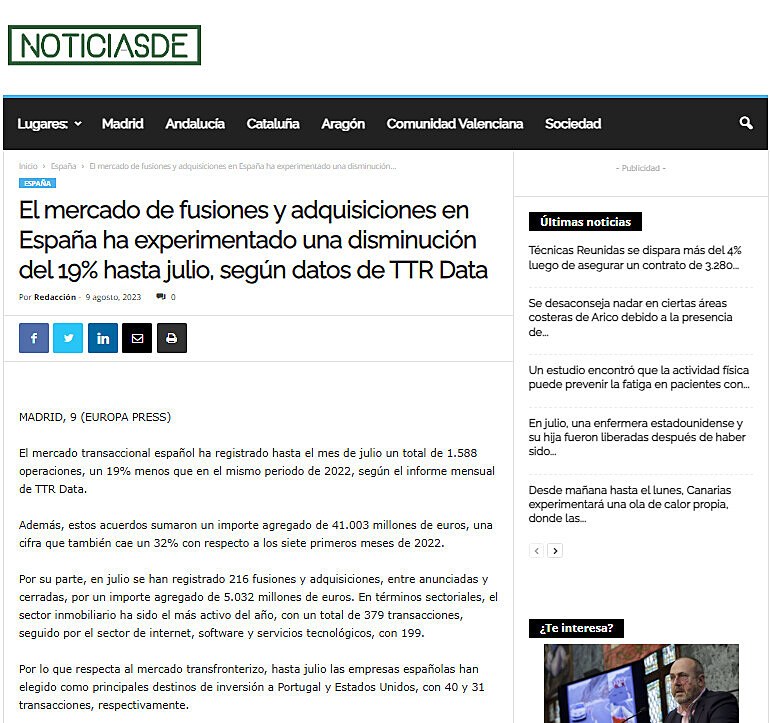 El mercado de fusiones y adquisiciones en Espaa ha experimentado una disminucin del 19% hasta julio, segn datos de TTR Data
